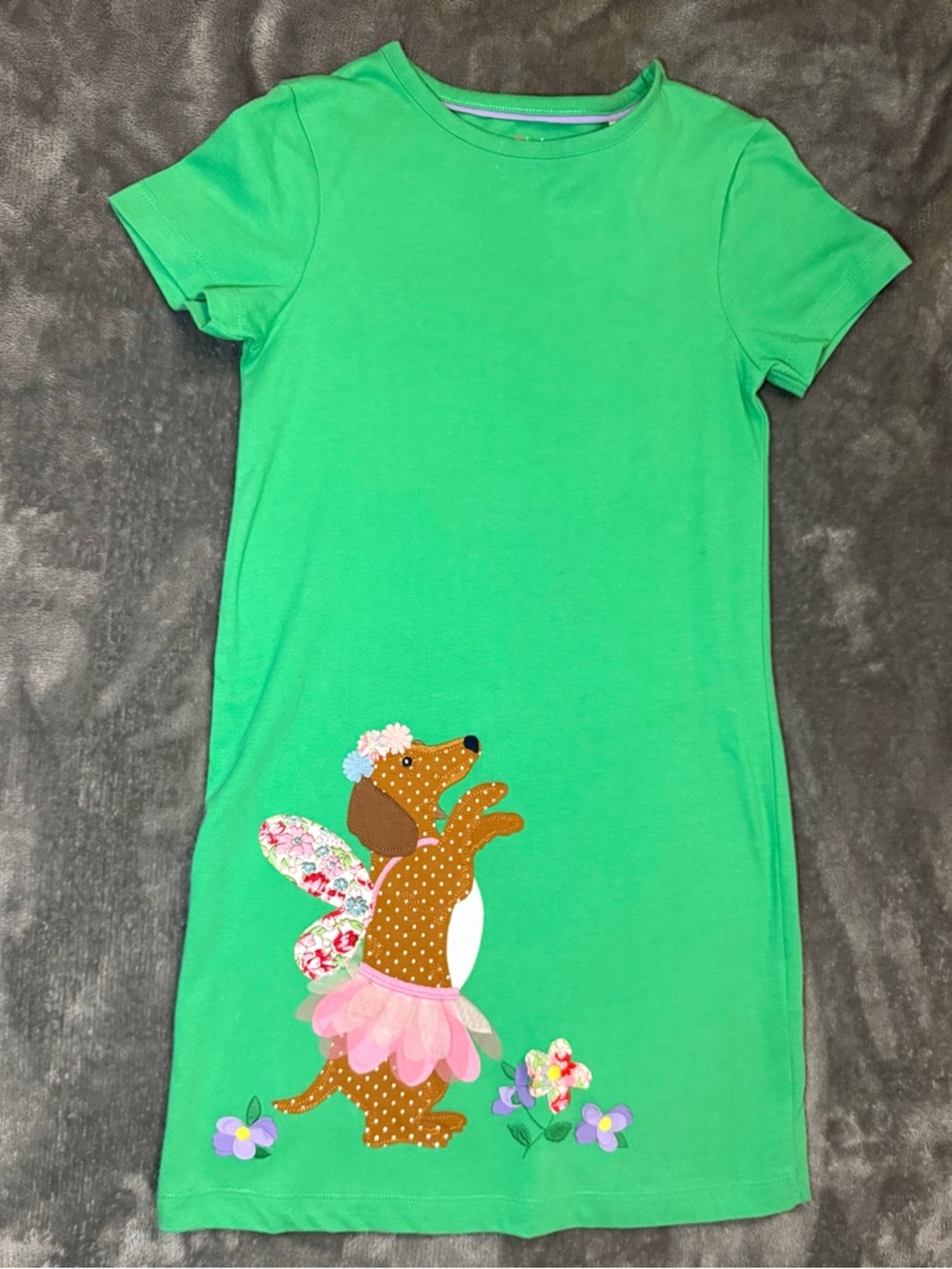 Mini Boden Girls Size 7-8 Green Appliqué Dog Dress Fairy Wings NWT Summer